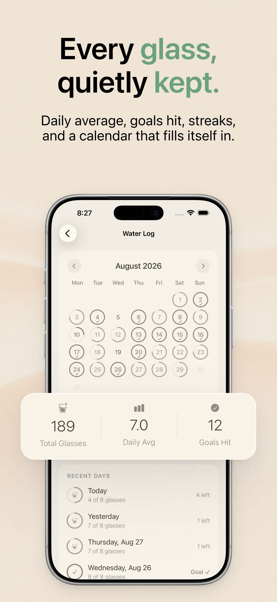 Hydratica Water Log calendar